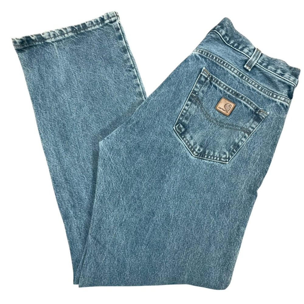 Carhartt Loose Original Fit Straight Leg Jeans Mens 38x30 Blue Denim Tan Pockets